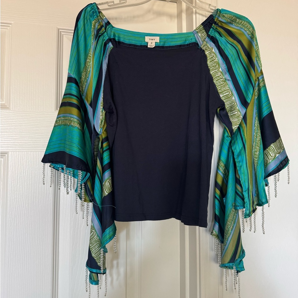 Anthropologie Tiny Beaded Bell-Sleeve Top, Size Small boho peasant